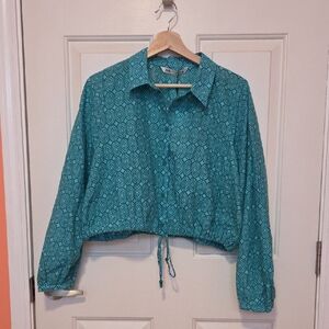 Zara The Alice Blouse Teal Button Down Shirt with Geometric Design